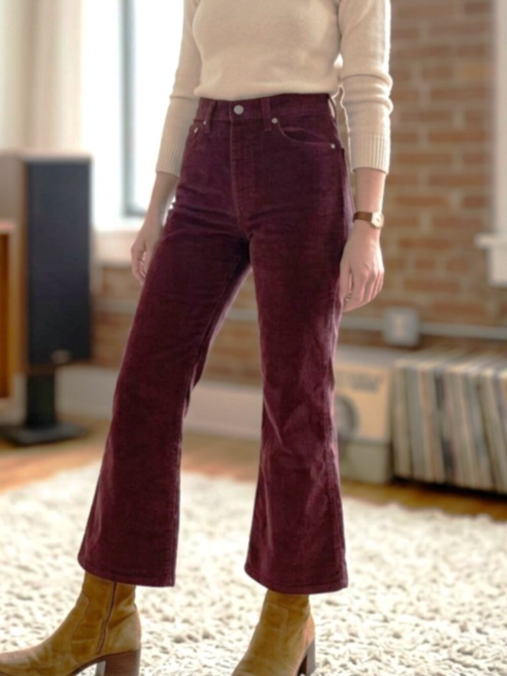 Levi's Ribcage Crop Flare Womens Corduroy Pants 27 Burgundy Button Fly
